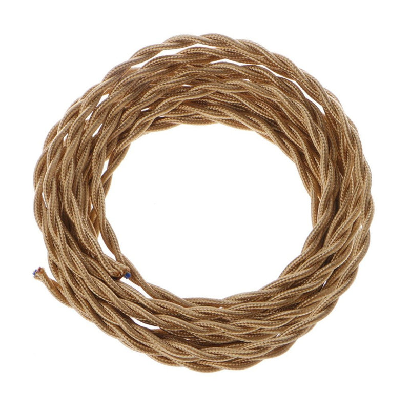 Arquan 2 Core Twisted Cable Fabric Flex Cord 0.75mm Braided Flexible Electrical UK Lighting Wire Cord / Cable, Light Gold