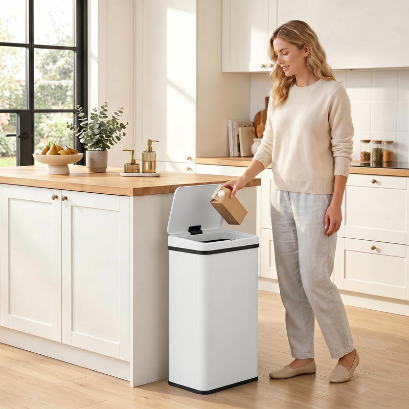 Kitchen Bin with Fast Motion Sensor, Stainless Steel Sensor Bin, 50l, White