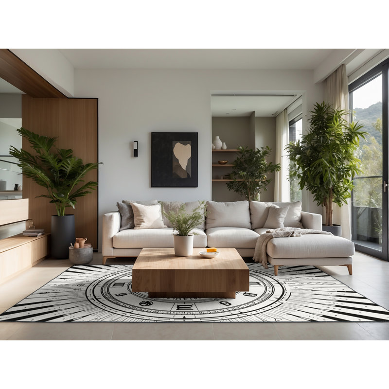 Tapis à motif géométrique doux et moelleux en cercle géométrique sur fond blanc - noir, 2 x 4
