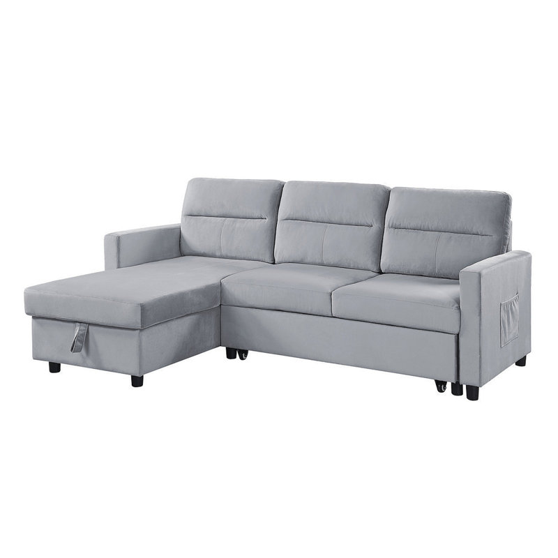 Ruby 81.5" Light Gray Velvet Reversible Sleeper Sectional Sofa With Storage Chaise And Side Pocket