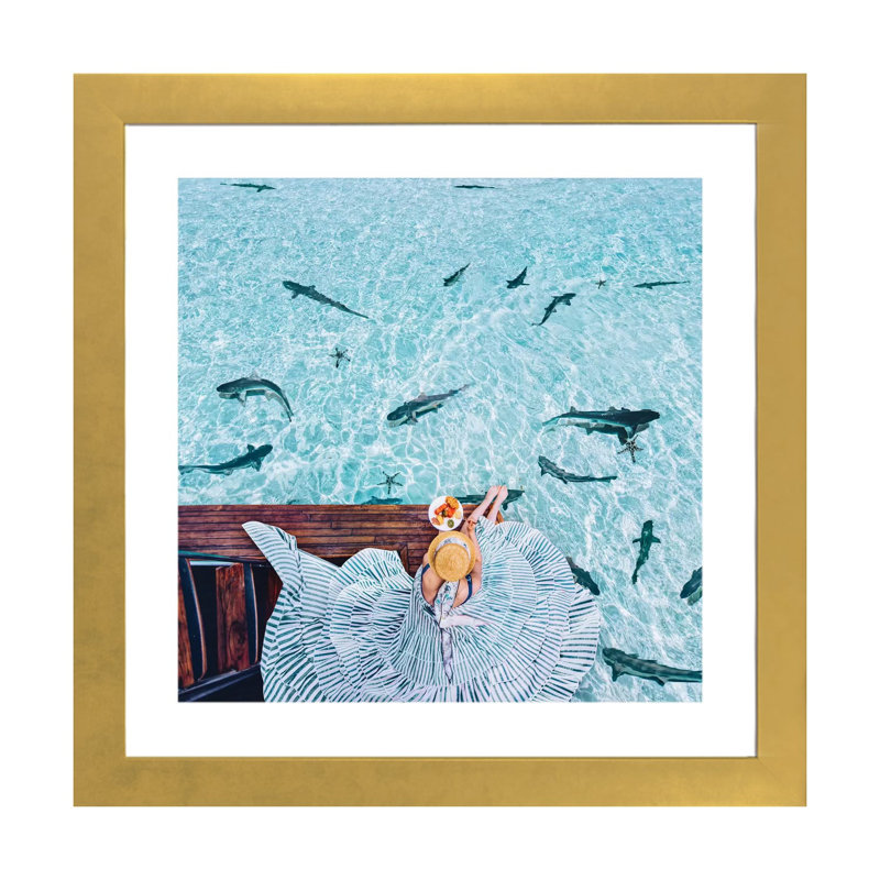 " Breakfast With Sharks " by Hobopeeba, White, 24" H x 24" W x 1" D, Gold Framed Paper