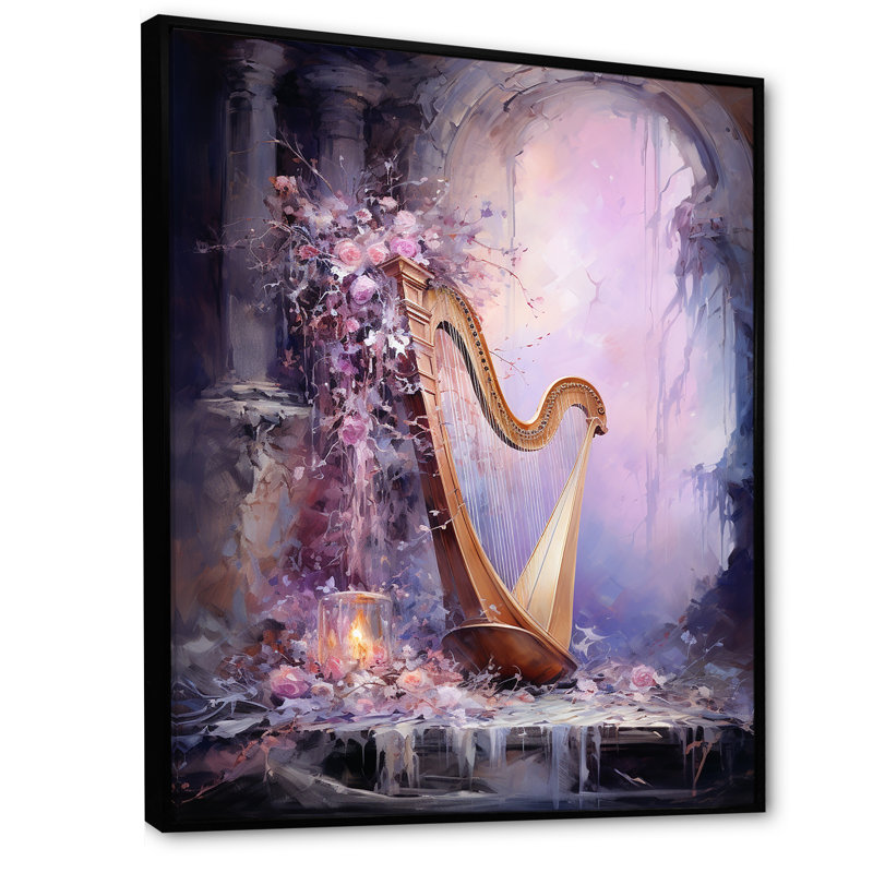 Lyre Lore Mythical Mauve sur toile, Cadre flottant noir, 20" H x 12" W