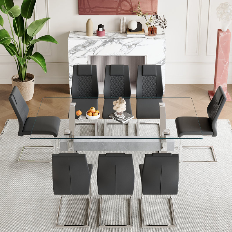 7-Piece Glass Top Dining Table Sets, Silver, Black/Silver