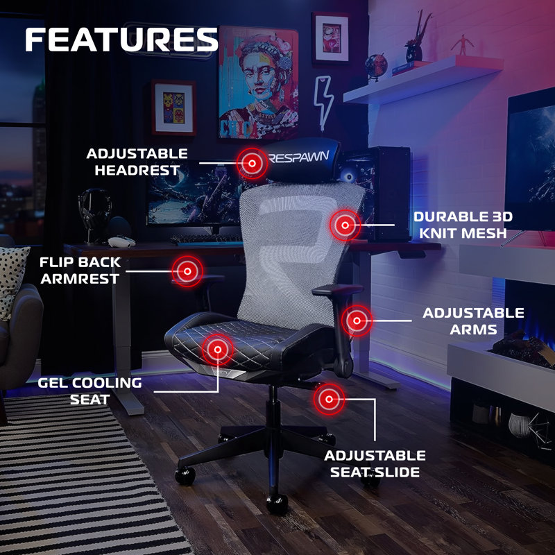 Chaise de bureau ergonomique avec soutien lombaire RESPAWN SPIRE, appui-tête, accoudoirs réglables et coussin de gel rafraîchissant, siège en filet respirant confortable pour le bureau personnel, fauteuil de jeu inclinable à haut dossier