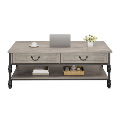 Table basse industrielle vintage - 104 cm (41 po) en bois rustique, 2 tiroirs de rangement, étagère - Table centrale rectangulaire avec pieds en métal pour salon ou bureau - Gris
