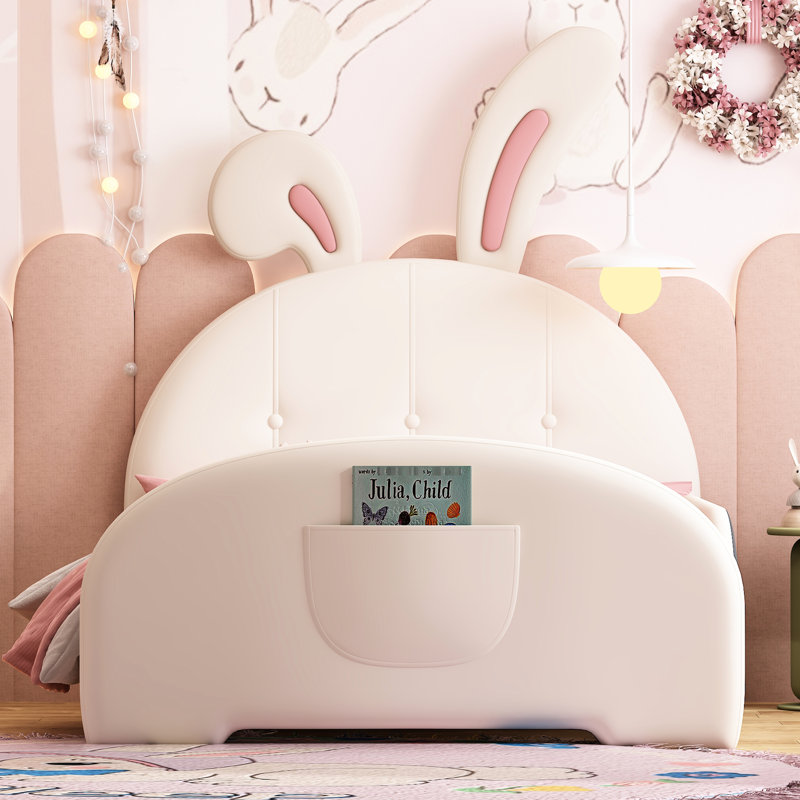 Lit simple blanc avec forme de lapin charmant et construction stable - tête de lit et base rembourrée robuste, White