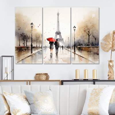 " Paris Eiffel Tower Passion Vintage Watercolor II " 3 Piece Art Watercolor Print