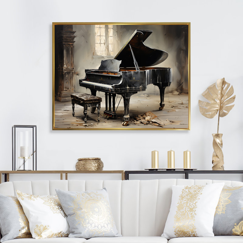 Minimalisme Grand Piano Melody II - Piano, art mural, Cadre flottant doré, H 34 po x l 44 po x P 1,5 po