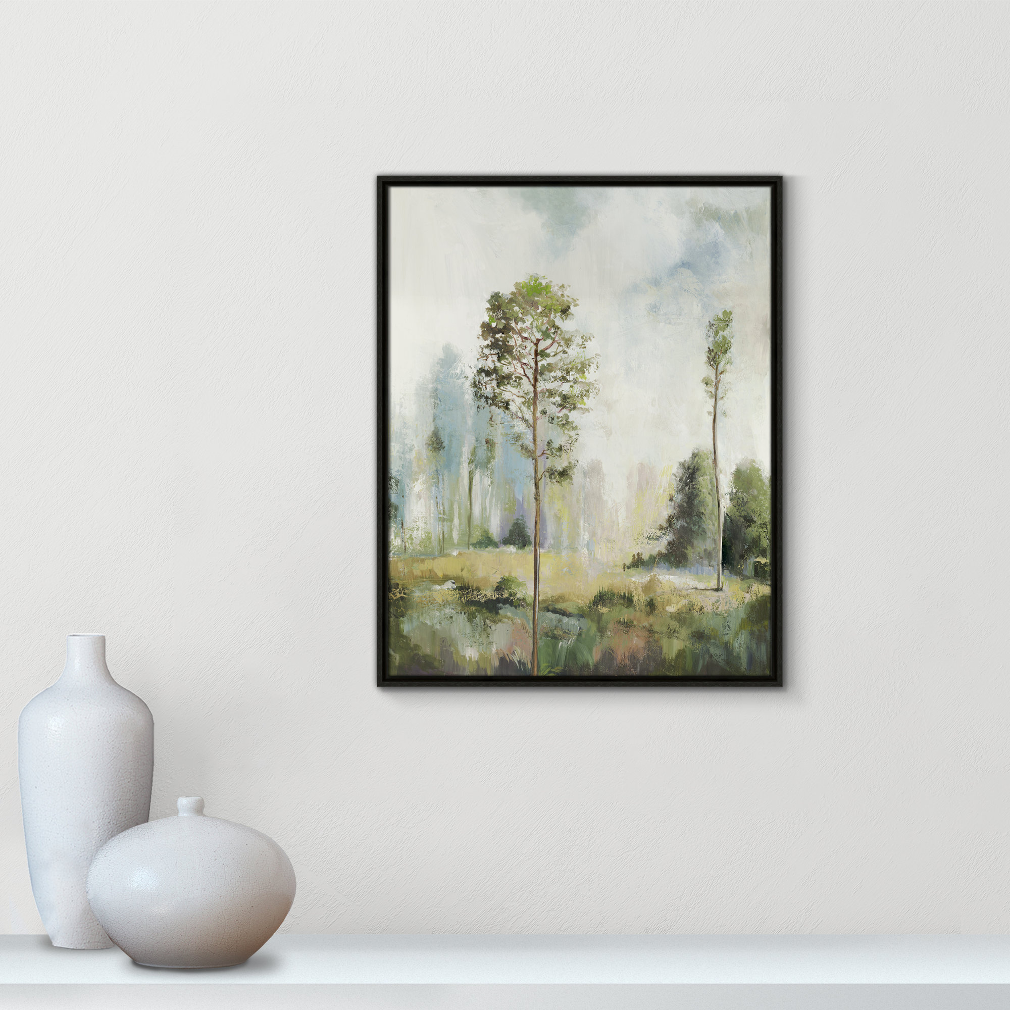 Tall Green Trees I by Teton Pearce - Floater Frame Print on Canvas, Espresso, 29.5" H x 23.5" W