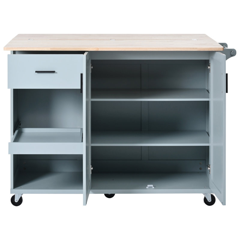 Îlot de cuisine en bois avec abattant, armoire et tablettes, Bleu