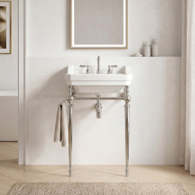 Meuble-lavabo autoportant de 23 po en acier inoxydable, meuble-lavabo mural en céramique blanche avec 3 trous de robinet pré-percés, pieds de support autoportants en acier inoxydable doré avec barre à serviettes de style assorti (sans robinet ni couv