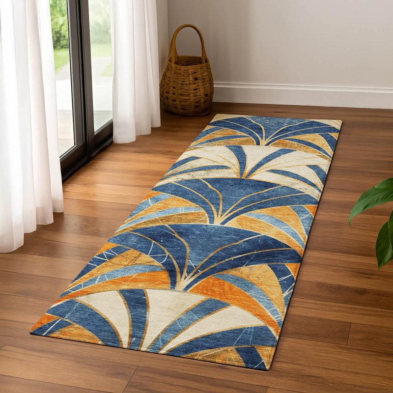 Premium Machine Washable Mayfield geometric Rug, Blue, 2'3" x 7'6" Runner