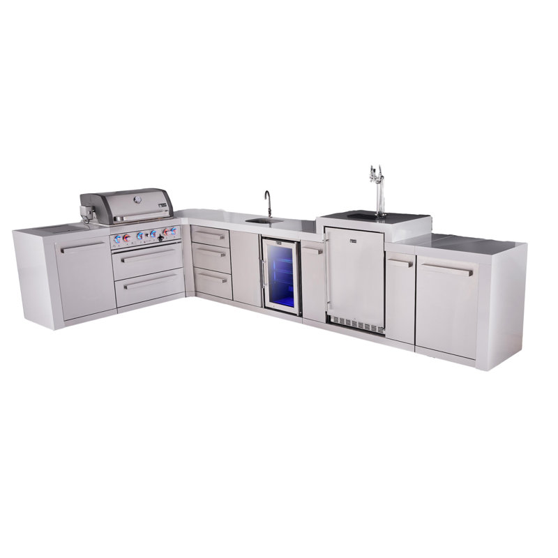 Mont Alpi Premium 4 brûleurs 82 "X161" en forme de L 400 Deluxe en acier inoxydable modulaire Îlot de cuisine Barbecue Barbecue au gaz + Robinet central pour boissons et évier + Réfrigérateur + Kegerator + Couvercle + Ensemble de rôtisserie