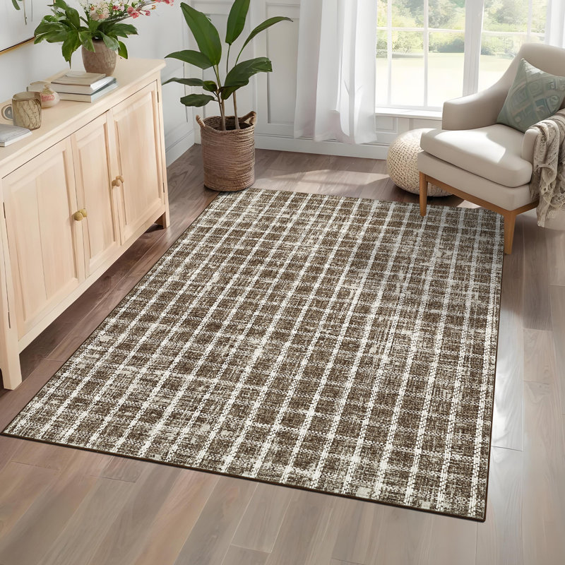 Machine Washable Rug Modern Plaid Rug Soft Area Rug Non Slip Soft Thin Rug Low Pile Foldable Rug for Living Room, Bedroom, Dining Room