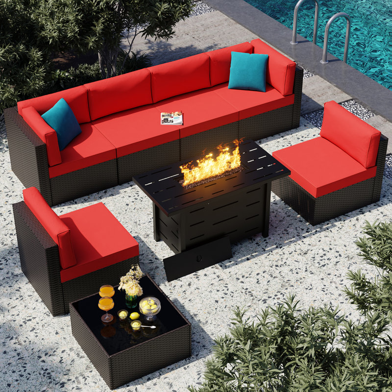 8-Piece Outdoor Rattan Patio Set with Fire Pit Table, Red