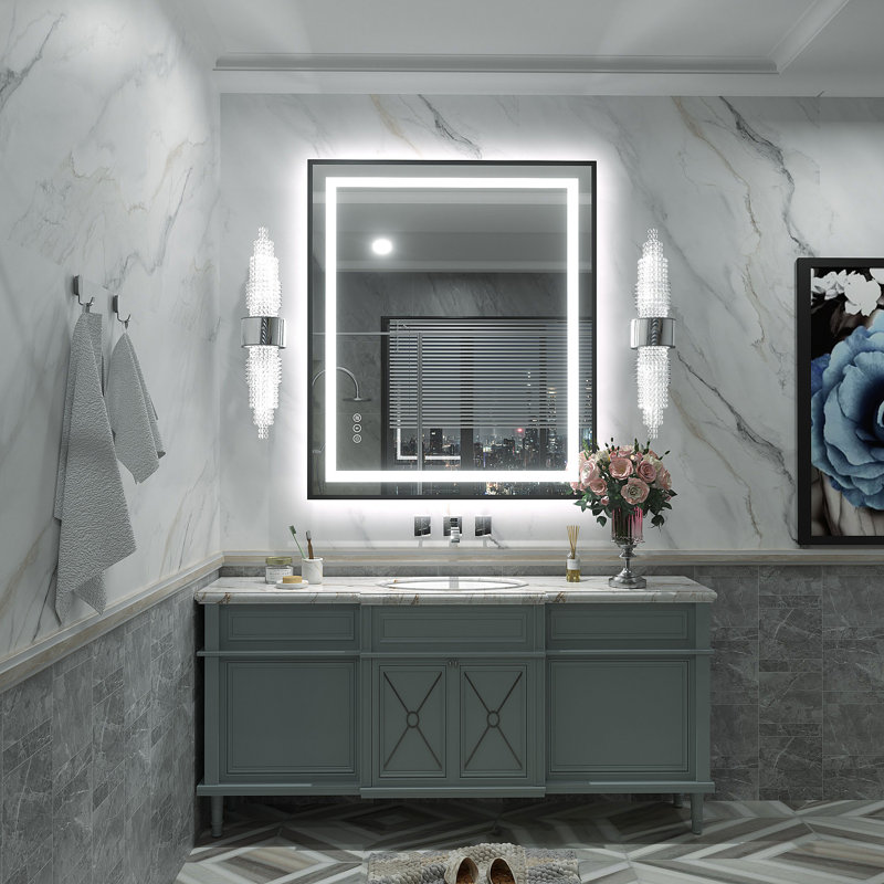 Miroir de salle de bain / meuble-lavabo à cadre en verre trempé à DEL certifié anti-buée Wayfair Basics®, 36 po x 30 po