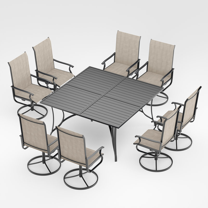 Ensemble repas pour 8 personnes avec chaises pivotantes, table de patio et chaises avec trou pour parasol, ensemble de patio pour l'extérieur