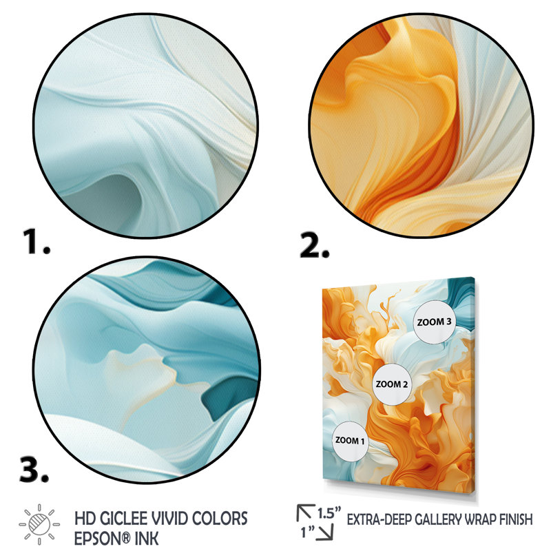 Encre liquide orange vif et turquoise, art abstrait - formes abstraites, 32" H x 16" W, Toile tendue