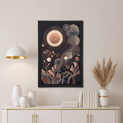 Copper and Black Abstract Sunburst and Leaf Pattern Canvas Wall Art