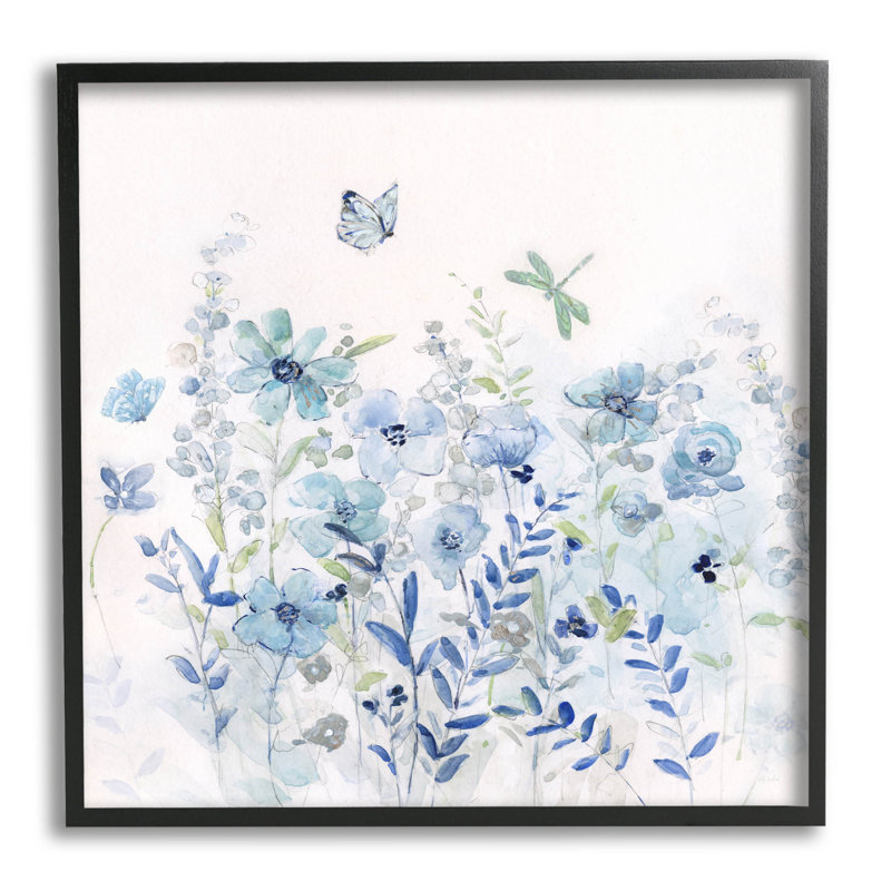 Papillon flottant fleurs bleues, estampe numérique par Sally Swatland, H 17 po x l 17 po x P 1,5 po