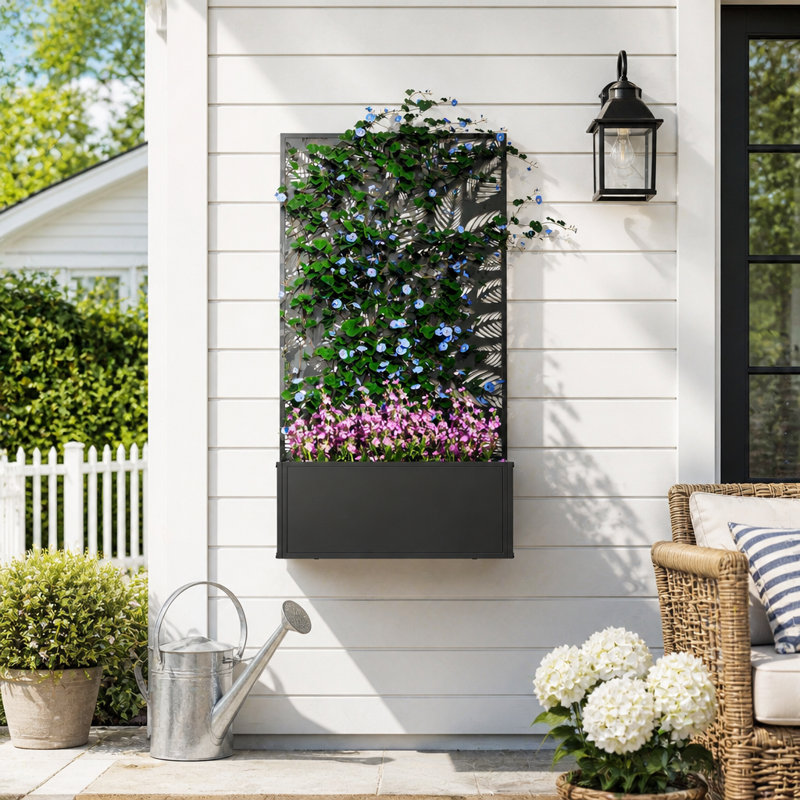 Lit de jardin surélevé en métal avec treillis et panneau d'intimité pour plantes grimpantes d'extérieur et décoration de patio