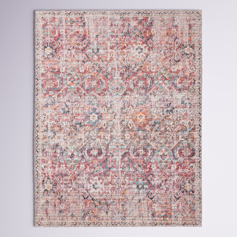 Tapis floral tissé à la machine Engelhardt en chenille ivoire / rose, Rectangle 3 pi 3 po x 5 pi 3 po