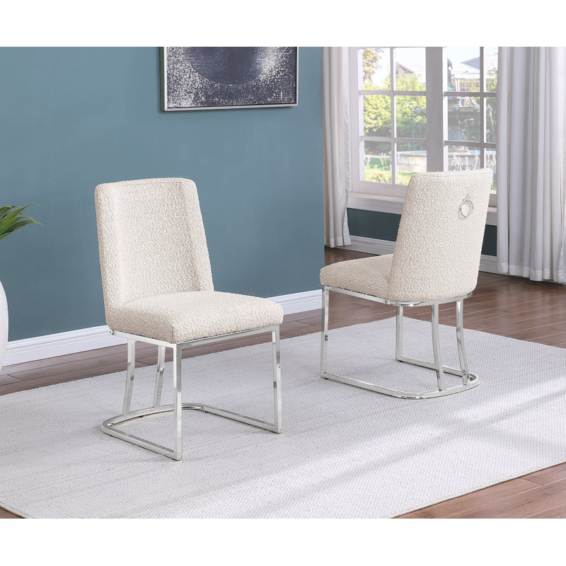Minimal Side Chairs With Boucle Fabric Base, Cream, Silver