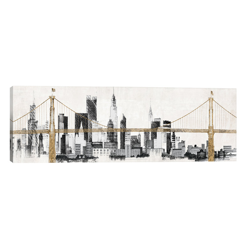 Bridge And Skyline by Avery Tillmon - Wrapped Canvas Panoramic Painting, 30.48 cm H x 91.44 cm W x 3.175 cm D