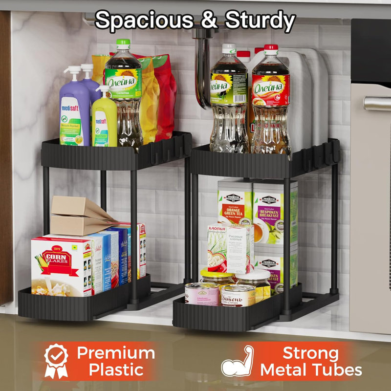 2 Pack Multi-Purpose Pull-Out Storage Organizers, Under Sink Organizers And Storage For Bathroom & Kitchen, Under Cabinet Organizers And Storage, 14.8 Inch, Black