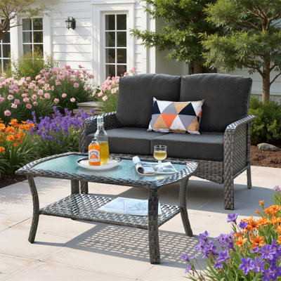 2-Piece Outdoor Loveseat Sofa and Glass Coffee Table Set