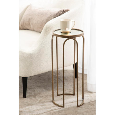 Vintage Decorative Pedestal Table With Mirrored Glass Top And Antique Gold Finish, Traditional Glam Design With Arched Metal Base