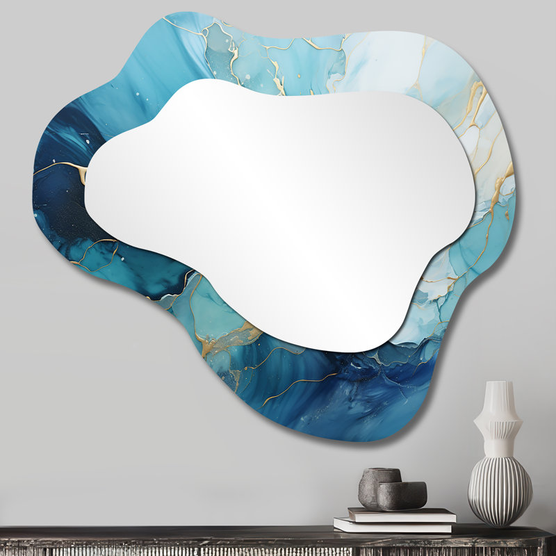 «Oceanic Collage I», miroir asymétrique à collages abstraits, miroir mural bleu unique, reproduction d'art en métal
