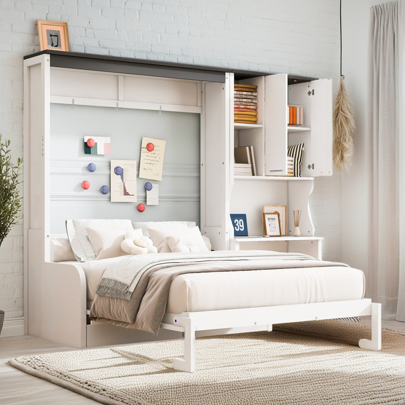 Foldable Multi-Functional Murphy Bed With Built-In Sofa, Wooden Wall Bed with Desk and Storage Cabinet, Full