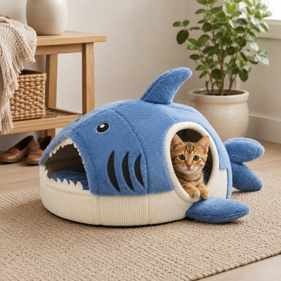 Shark Shaped Semi-Enclosed Cat Bed – Soft Plush Pet Cave with Removable Washable Cover, Non-Slip Bottom, for Cats & Small Dogs (S/M/L, Blue)