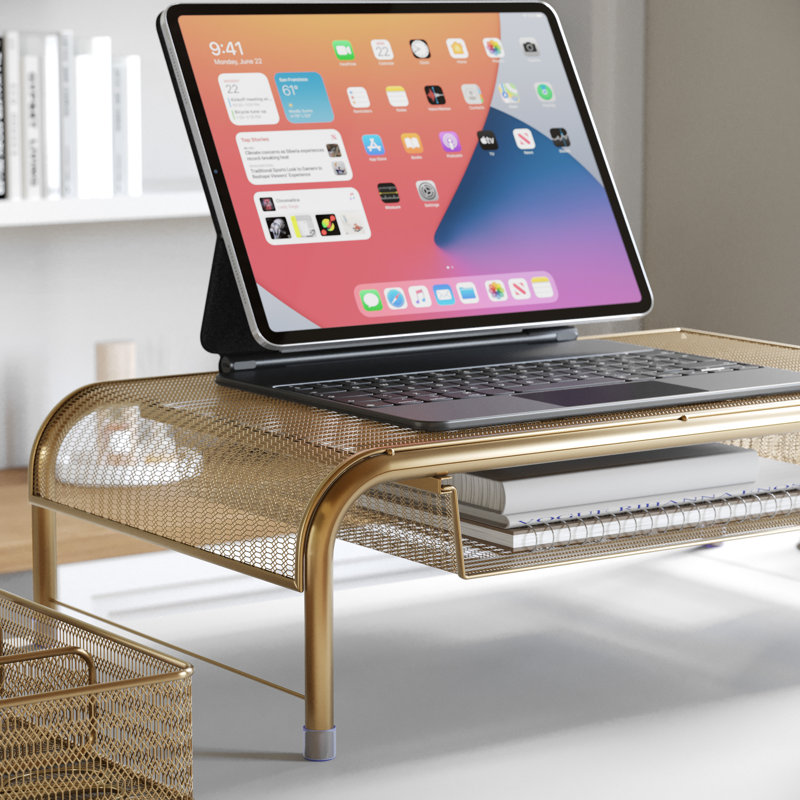 Gold Mesh Metal Desktop Monitor Stand Riser with Drawer