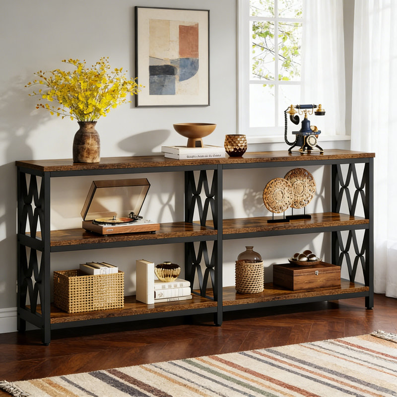 Console industrielle 70,9 "à 3 niveaux, canapé et table d'entrée avec tablettes de rangement