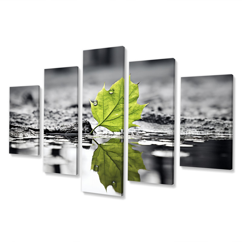 «Green Leaves Solitude In Winter II», reproduction d'art sur toile paysage d'hiver - 5 panneaux