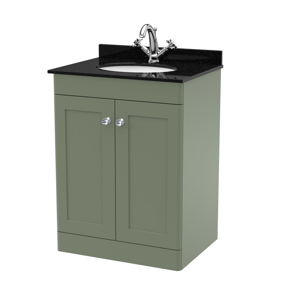 nuie Classique 600mm Floor Standing Vanity Unit - Satin Green - Marble Top Oval Basin - Image 3