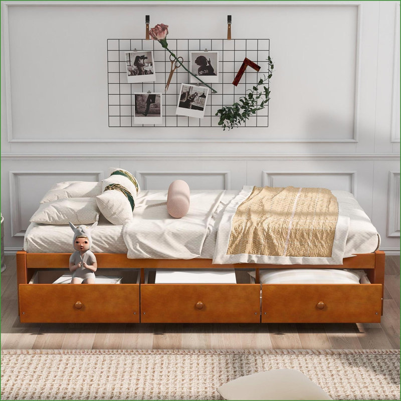 Lit plateforme simple en bois de pin massif avec rangement à 3 tiroirs espresso pour petite / deuxième chambre