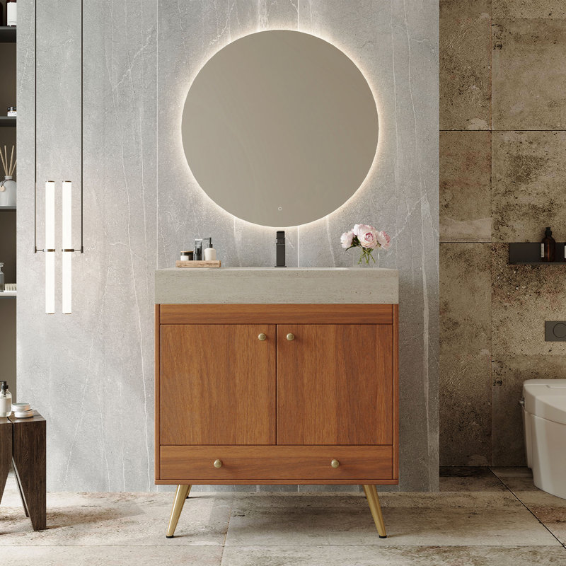 Meuble-lavabo autoportant avec comptoir en faux marbre et lavabo en céramique, armoire de rangement à double porte de 30 po, bois d'ingénierie imperméable, pieds dorés