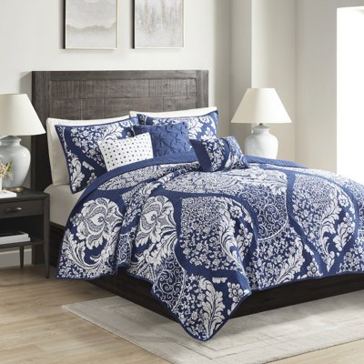 Literie très grand / très grand Indigo avec courtepointe réversible en coton et coussins 6 pièces