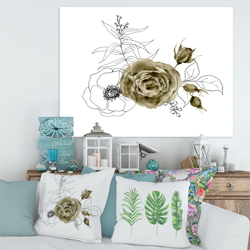 Anémone Bouquet de fleurs avec branches d'eucalyptus I - Peinture sur toile, H 16 po x l 32 po x p 1 po, Toile tendue