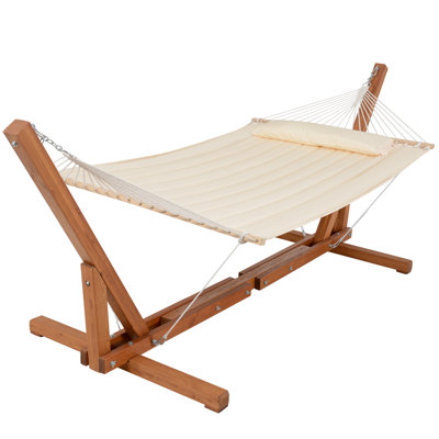 Double Spreader Bar Hammock With 12-14 Foot Adjustable Wooden Hammock Stand