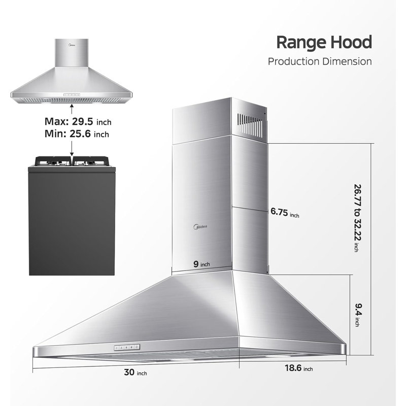 Midea MVP30W6AST 30" Pyramid Range Hood, 450 CFM, 3 Speed Fan, Ductless Convertible