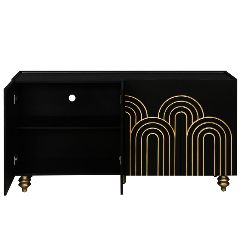 Buffet cannelé avec rangement - noir pour la cuisine, le salon, la salle à manger, 4 portes, tablettes réglables, design à 4 portes