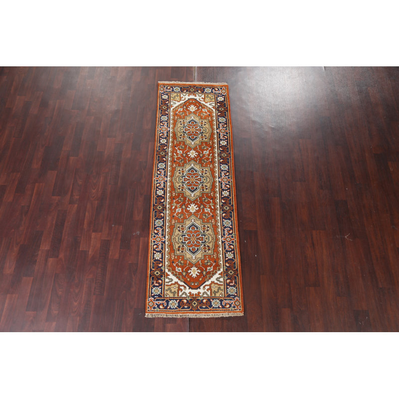 Tapis de couloir oriental géométrique en laine Heriz noué à la main 3 x 8