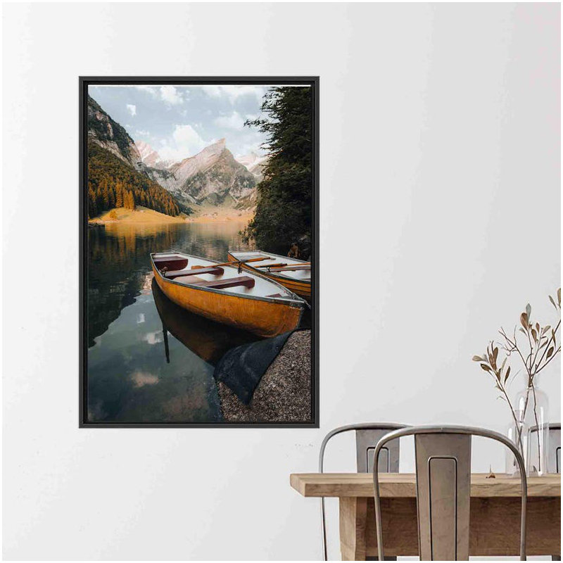 Art mural paysage minimaliste avec paysage de bateau - décoration murale en toile, Noir, H 94 po x l 41 po