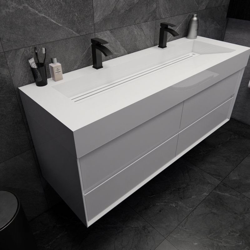 Albizu 59" Wall-Mounted Double Bathroom Vanity, White