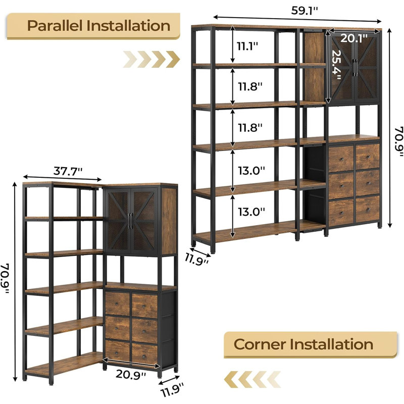 70.9H Bookcase 6 Tier, " Convertible Tall Bookshelf With 6 Fabric Drawers, Brown/Black
