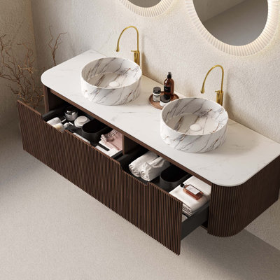 Meuble-lavabo de 60 po avec lavabo et lavabo 60 po, bordures arrondies et rayées avec 2 tiroirs, 2 lavabos ronds en céramique blanc mat et plateau en pierre frittée blanc de Carrare, pré-assemblé